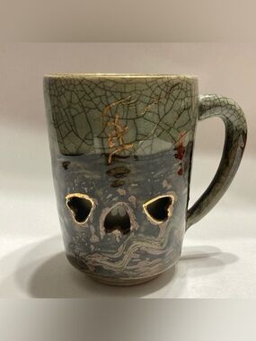 Obori Somayaki Soma Ware Japan Double Wall Heart Crackle Gold Horse 5" Mug Cup